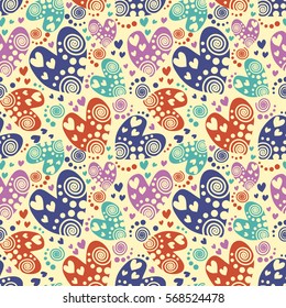 Seamless vector pattern with hearts. Background with hand drawn ornamental symbols. Template for wrapping, decor, surface, cards, backgrounds, textile, print. Repeat ornament. Series of Love Patterns