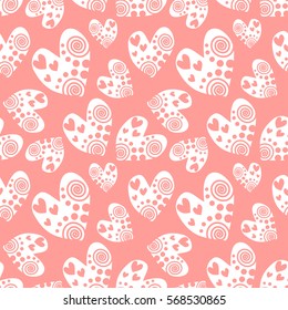 Seamless vector pattern with hearts. Background with hand drawn ornamental symbols. Template for wrapping, decor, surface, cards, backgrounds, textile, print. Repeat ornament. Series of Love Patterns