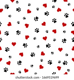 Seamless vector pattern with hearts and cat footprint.