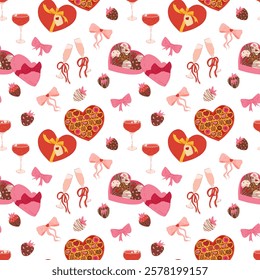 Seamless vector pattern with hearts, chocolate boxes, candy, and champagne. Sweet Valentine’s Day design for love and dessert themes. Perfect for gift wrapping, greeting cards, textiles and home decor