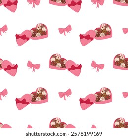 Seamless vector pattern with hearts, chocolate boxes, and candy. Sweet Valentine’s Day design with love and dessert themes. Perfect for gift wrapping, greeting cards, textiles, web banners and decor