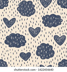 Seamless vector pattern with hearts and clouds. Monochrome background for your design.