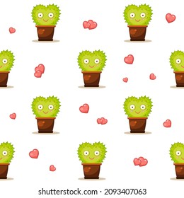Seamless vector pattern with hearts and cute heart shaped cactus in a pot which is smiling and goggling with wide opened eyes. Background about love with rows of nice cartoon prickled cacti.