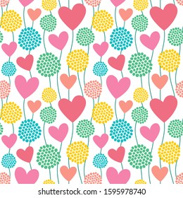 Seamless vector pattern with hearts and dandelion.