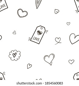 Seamless vector pattern with hearts in Doodle style. Vector illustration with hearts, arrows, and decorative elements. Valentine's day.