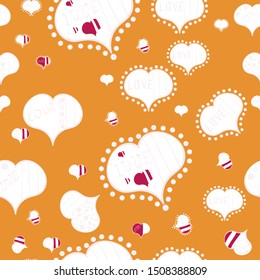 Seamless vector pattern with hearts. Drawing in sketch style on white and orange colors. Background with hand drawn symbols. Template for wrapping, decor, surface, cards, backgrounds, textile, print.