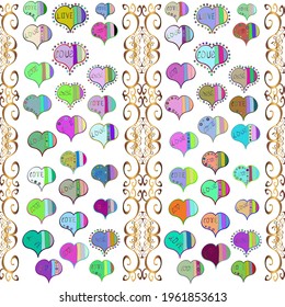 Seamless vector pattern with hearts. Drawing in sketch style on green, blue, white colors. Background with hand drawn symbols. Template for wrapping, decor, surface, cards, backgrounds, textile, print