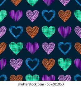 Seamless vector pattern with hearts. endless symmetrical background with hand drawn textured figures. Graphic illustration Blue Template for wrapping, web backgrounds, wallpaper.