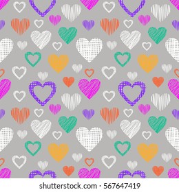 Seamless vector pattern with hearts. endless symmetrical background with hand drawn textured figures. Graphic illustration Template for wrapping, web backgrounds, wallpaper, cover, print, surface