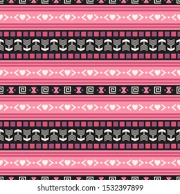 Seamless vector pattern with hearts in ethnic style. Background with tribal ornament of geometric shapes. Traditional design for textiles. Image for printing on paper, wallpaper, covers, fabrics.