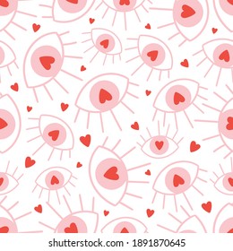 Seamless vector pattern with hearts and eye. Love background for Valentine's day. Seamless bright romantic design for fabric or wrap paper.