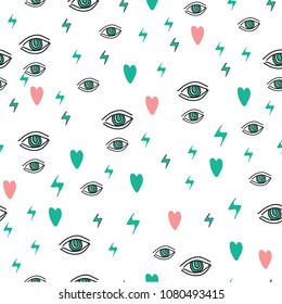 Seamless vector pattern with hearts, eyes and lightning.