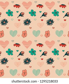 Seamless vector pattern with hearts and flowers, vector illustration