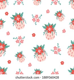 Seamless vector pattern with hearts and flowers. Love background for Valentine's day. Seamless bright romantic design for fabric or wrap paper.