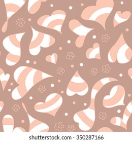 Seamless vector pattern with hearts and flowers on a pink-brown background