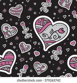 Seamless vector pattern with hearts and flowers