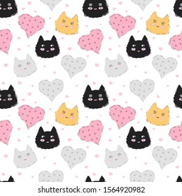 Seamless vector pattern with hearts and funny cats. Anime eyes.