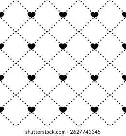 Seamless vector pattern with hearts. Geometric black repeating texture of dotted rhombuses with hearts in nodes.
