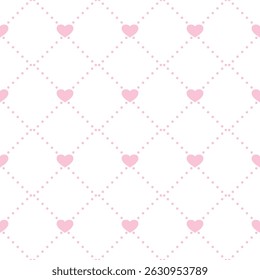 Seamless vector pattern with hearts. Geometric pink repeating texture of dotted rhombuses with hearts in nodes.