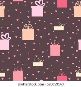 Seamless vector pattern with hearts and gift boxes. Vector illustration.