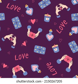 Seamless vector pattern with hearts, gifts, love potion and hands. Romantic love illustration for textile, fabric, backrgound, wrapping. Valentines day