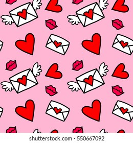 Seamless vector pattern with hearts, kisses and love letters.