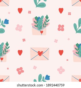 Seamless vector pattern with hearts and letter. Love background for Valentine's day. Seamless bright romantic design for fabric or wrap paper.