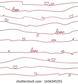 Seamless vector pattern with hearts and lettering Love on the ropes. Cute texture for Valentine's Day, weddings. Romantic texture for fashion fabric, wallpapers, greeting cards and wrap gift paper