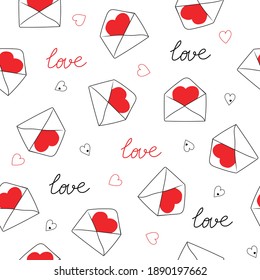 Seamless vector pattern with hearts and letters. Ornament for Valentine's day. Isolated on a white background. Lettering Love