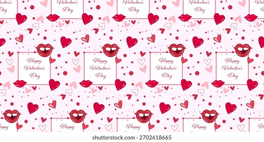 Seamless vector pattern with hearts, lips and Valentine’s Day lettering on a light background