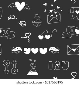 Seamless vector pattern with hearts, love messages and phrases and Valentine's day stuff