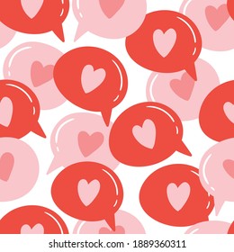 Seamless vector pattern with hearts and love message. Love background for Valentine's day. Seamless bright romantic design for fabric or wrap paper.