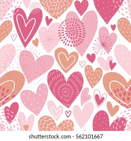 Seamless vector pattern with  hearts. Love background for Valentine's day. Seamless bright romantic design for fabric or wrap paper.