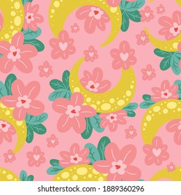 Seamless vector pattern with hearts and moon. Love background for Valentine's day. Seamless bright romantic design for fabric or wrap paper.