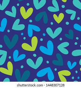 Seamless vector pattern with hearts on a blue background.