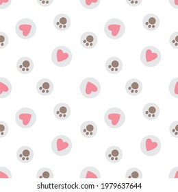 Seamless vector pattern hearts and paw. White background pattern.