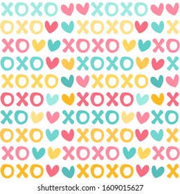 Seamless vector pattern with hearts and phrase xoxo in cute color palette.