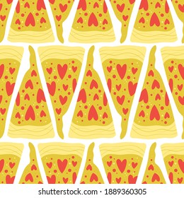 Seamless vector pattern with hearts and pizza. Love background for Valentine's day. Seamless bright romantic design for fabric or wrap paper.