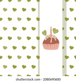 Seamless vector pattern of hearts in polka dot style and a festive cupcake with a candle. Design template for greeting card, invitation to birthday.