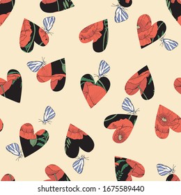 Patrón vectorial sin fisuras con corazones, amapolas y mariposas azules para la decoración, impresión, textil, papelería