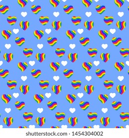 Seamless vector pattern of hearts with a rainbow on a blue background, artistic, textured. Illustration of a design template to a pride parade.