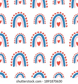 Seamless vector pattern with hearts and rainbow. Love background for Valentine's day. Seamless bright romantic design for fabric or wrap paper.