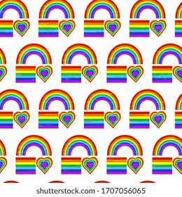 Seamless vector pattern with hearts, rainbows. Gay flag color illustration. Fashionable stylish texture. Repeating colorful tiles, artwork for print and textile.