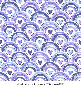 Seamless vector pattern with hearts and rainbows in lilac tones.