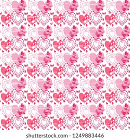 Seamless vector pattern of hearts, red and pink on a white background, textured. Illustration of valentine heart, handmade, artistic. Beautiful tile, wrapper, cover, textile, postcard, wallpaper desig