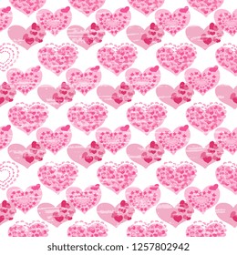 Seamless vector pattern of hearts, red and pink on a white background, textured. Illustration of valentine heart, handmade, artistic. Beautiful tile, wrapper, cover, textile, postcard, wallpaper desig