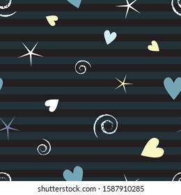 Seamless vector pattern with hearts, spirals, stars and stripes