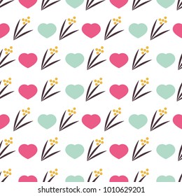 Seamless vector pattern with hearts and spring flowers. 