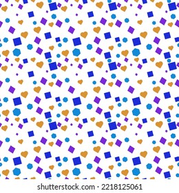 Seamless vector pattern with hearts, squares, hearts, lines, stars and dots of various colors.