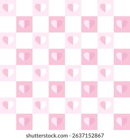 Seamless vector pattern with hearts and squares. Geometric repeating gingham pattern, pink striped texture. 